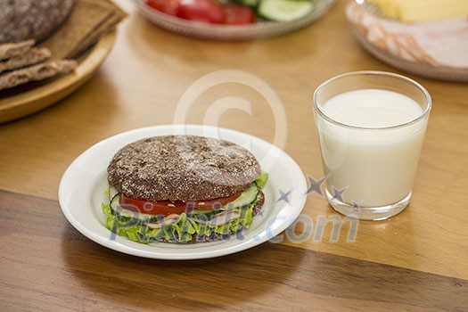 Breakfast set with sandwich and milk Breakfast set with sandwich and milk