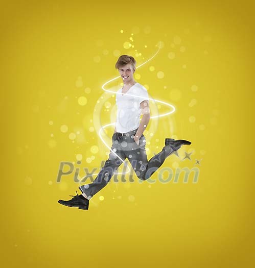 Man jumping on a festive background Man jumping on a festive background