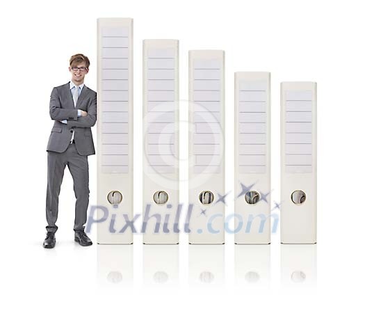 Isolated man standing next to big folders Isolated man standing next to big folders