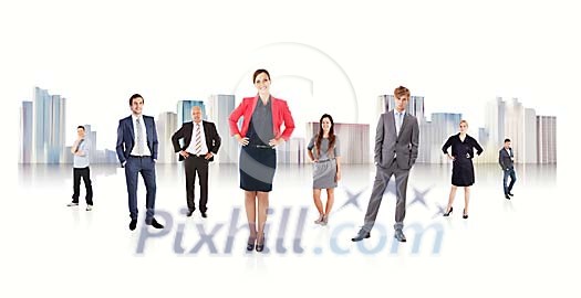 Group of people standing in front of a city buildings Group of people standing in front of a city buildings