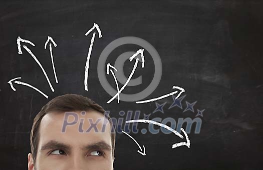 Mans head with arrows pointing different ways Mans head with arrows pointing different ways