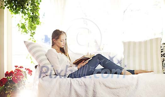 Woman reading a book on the sofa Woman reading a book on the sofa