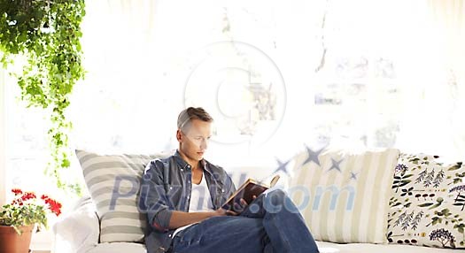 Man reading a book on the sofa Man reading a book on the sofa