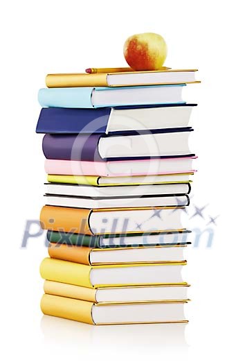Isolated pile of books with an apple on top of it Isolated pile of books with an apple on top of it