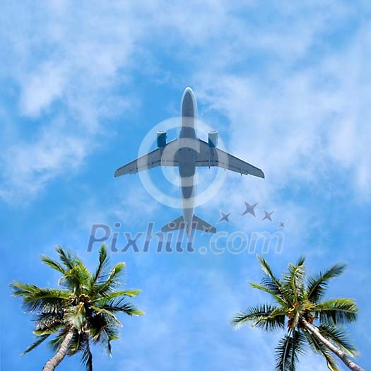 Plane in the sky at tropical destination Plane in the sky at tropical destination