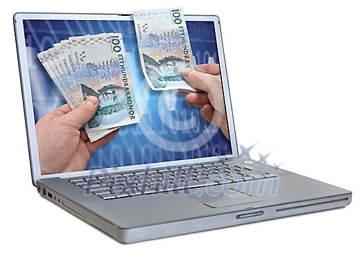 Laptop with hands and Swedish Crowns Laptop with hands and Swedish Crowns