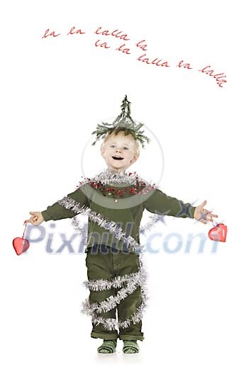 Little boy singing with christmas decoration Little boy singing with christmas decoration