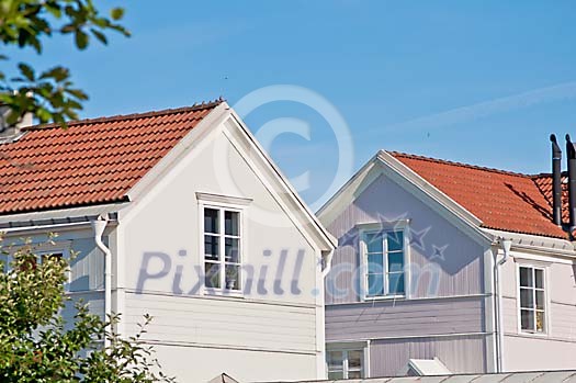 Violet wooden houses and tree