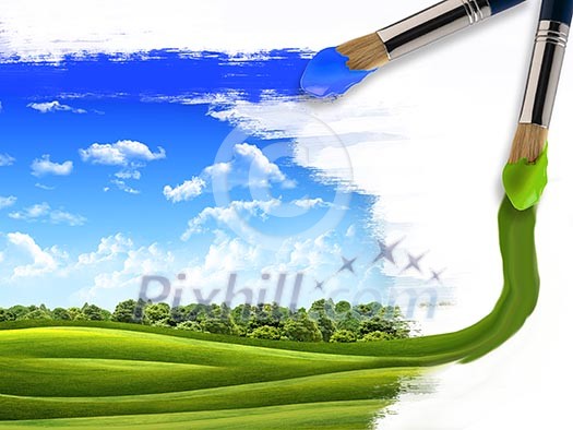 artist brush painting picture of summer nature artist brush painting picture of summer nature