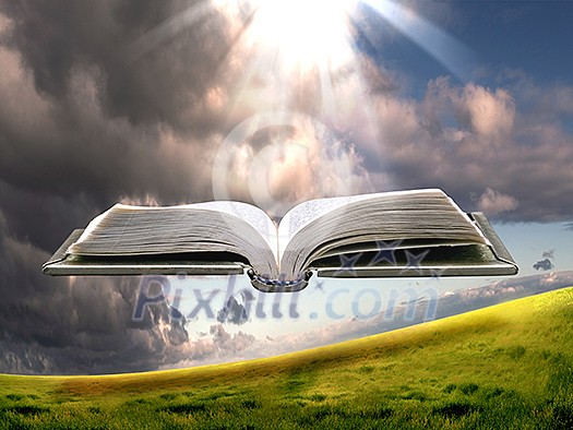 book in the air against green panoramic nature landscape book in the air against green panoramic nature landscape