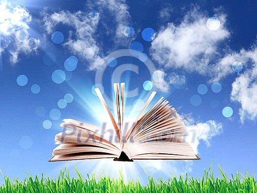 book in the air against green panoramic nature landscape book in the air against green panoramic nature landscape