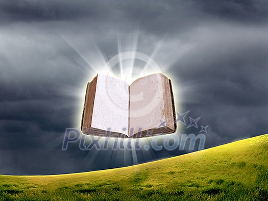 book in the air against green panoramic nature landscape book in the air against green panoramic nature landscape