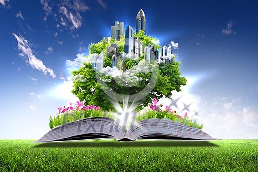 Open book with green nature world coming out of its pages Open book with green nature world coming out of its pages