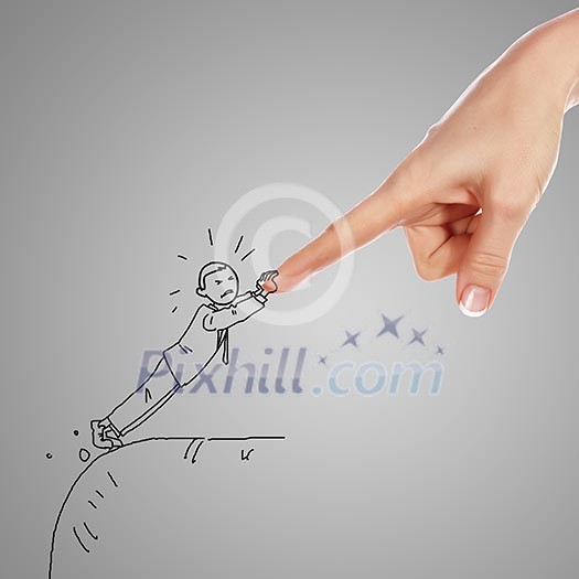 Drawing of a human hand supporting a person Drawing of a human hand supporting a person