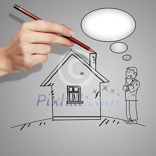 Drawing of a man standing near a house and thinking Drawing of a man standing near a house and thinking