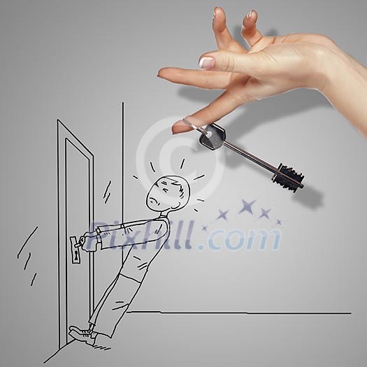 Man trying to open a door with key Man trying to open a door with key