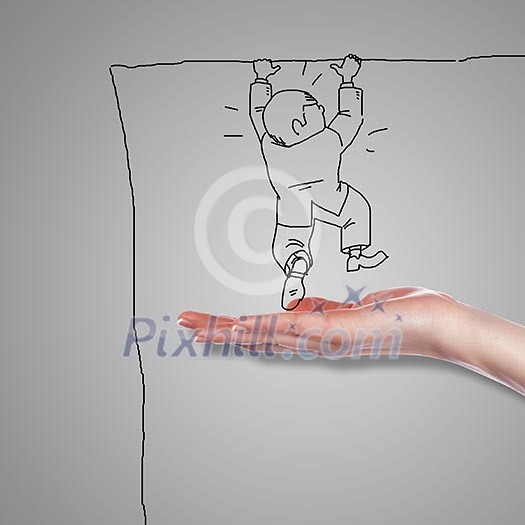 Drawing of a human hand supporting a person Drawing of a human hand supporting a person