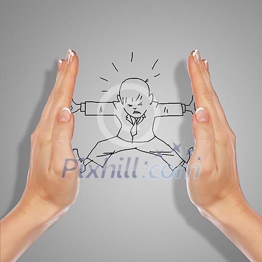 Drawing of a man in dangerous situation under threat Drawing of a man in dangerous situation under threat