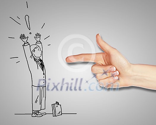 Drawing of a man in dangerous situation under threat Drawing of a man in dangerous situation under threat