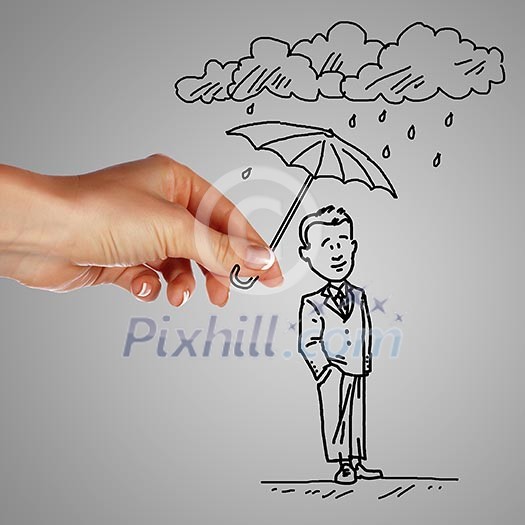 Man standing under the rain and protected with umbrella Man standing under the rain and protected with umbrella