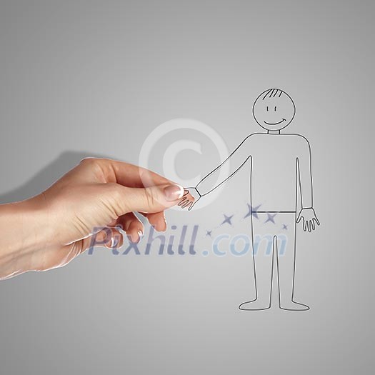 Deawing of a man shaking human hand Deawing of a man shaking human hand
