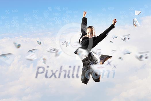 pretty businesswoman jumping high against diagram background pretty businesswoman jumping high against diagram background