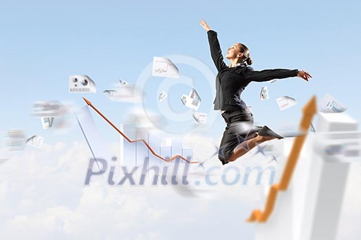 pretty businesswoman jumping high against diagram background pretty businesswoman jumping high against diagram background