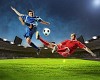 Two football players in jump to strike the ball at the stadium