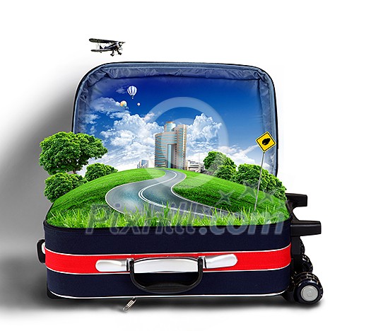 Red suitcase with city on the horizon and blue sky inside Red suitcase with city on the horizon and blue sky inside