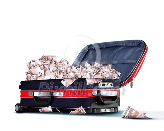 Picture of red travel suitcase full of banknotes Picture of red travel suitcase full of banknotes