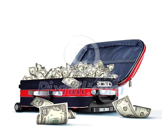 Picture of red travel suitcase full of banknotes Picture of red travel suitcase full of banknotes
