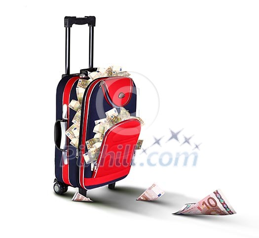 Picture of red travel suitcase full of banknotes Picture of red travel suitcase full of banknotes