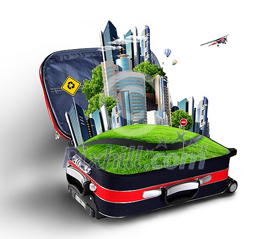 Red suitcase with city on the horizon and blue sky inside Red suitcase with city on the horizon and blue sky inside