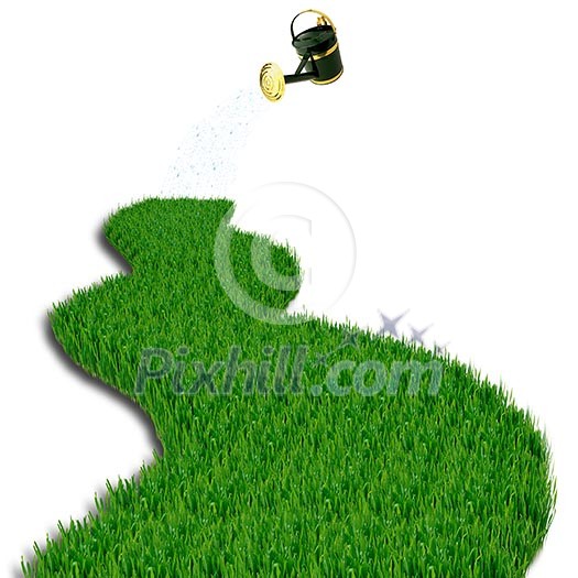 Green grass road and watering can pouring water on it Green grass road and watering can pouring water on it