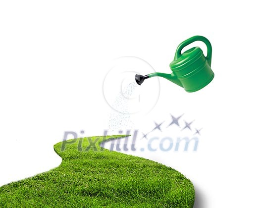 Green grass road and watering can pouring water on it Green grass road and watering can pouring water on it