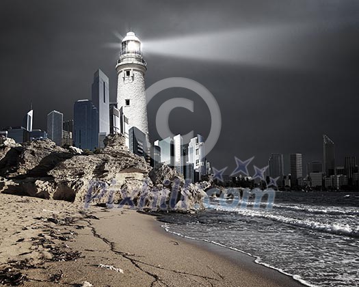 Image of a lighthouse with a strong beam of light