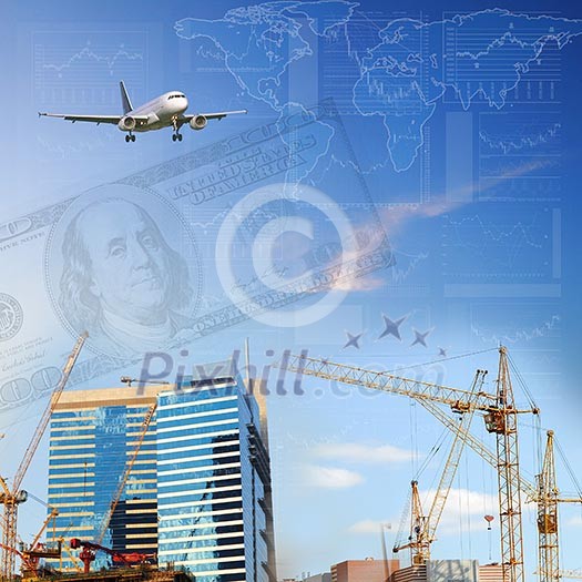 Business collage with financial charts, aeroplane, buildings and cranes Business collage with financial charts, aeroplane, buildings and cranes