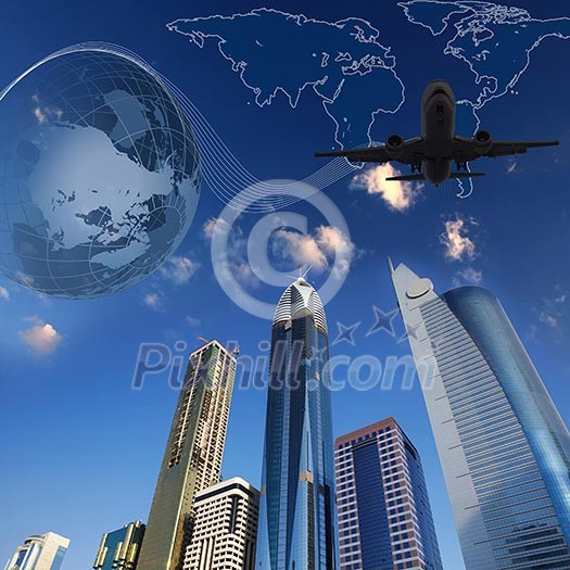 Collage with high buildings and flying plane Collage with high buildings and flying plane