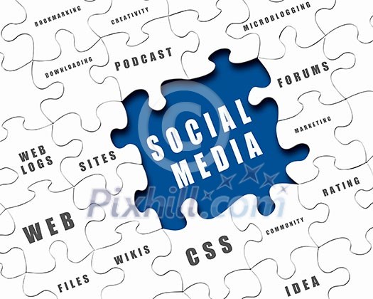 Pieces of puzzle with media terms on it Pieces of puzzle with media terms on it