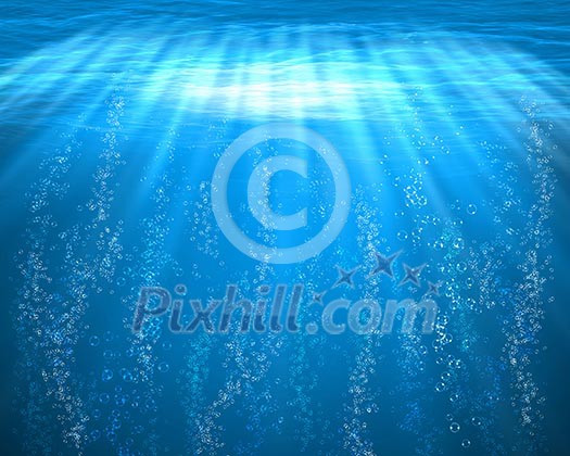 Illustration of blue sea underwater with air bubbles