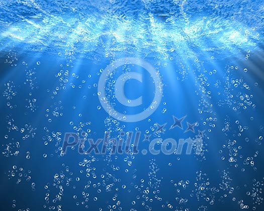 Illustration of blue sea underwater with air bubbles