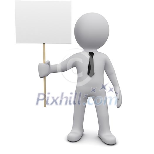 Three-dimensional man in a tie with a poster at arm's length Three-dimensional man in a tie with a poster at arm's length
