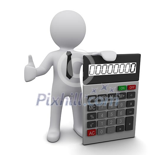 3D man wearing a tie holding calculator and showing OK sign 3D man wearing a tie holding calculator and showing OK sign