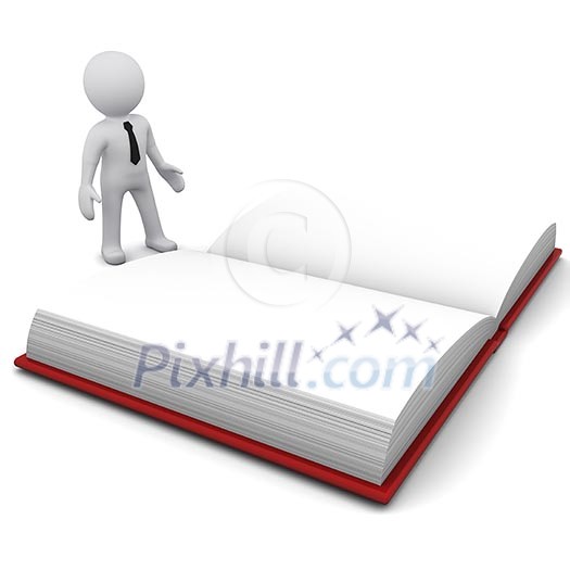 3D man wearing a tie standing near a big book 3D man wearing a tie standing near a big book