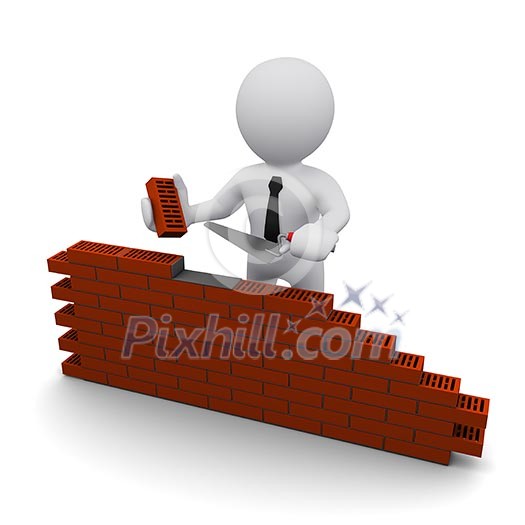 3D man constructing a red brick wall 3D man constructing a red brick wall