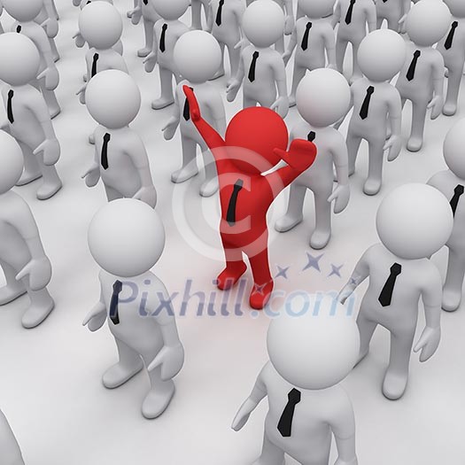 red 3D man among crowd of white 3D fellows red 3D man among crowd of white 3D fellows