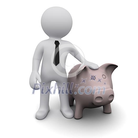 A small three-dimensional man with a pink piggy bank. A small three-dimensional man with a pink piggy bank.