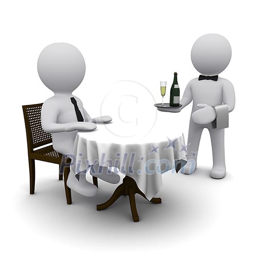 small three-dimensional man dines in a restaurant at a table. small three-dimensional man dines in a restaurant at a table.