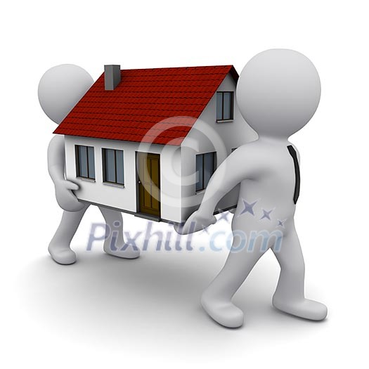 two 3D men carrying a model of house two 3D men carrying a model of house