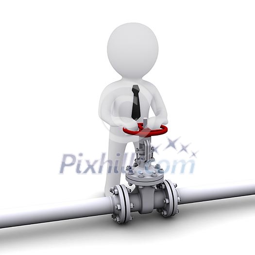 small three-dimensional man turns the valve on the tube small three-dimensional man turns the valve on the tube